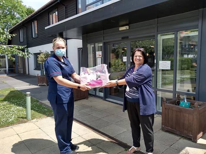 Paula delivering Hamper to care home