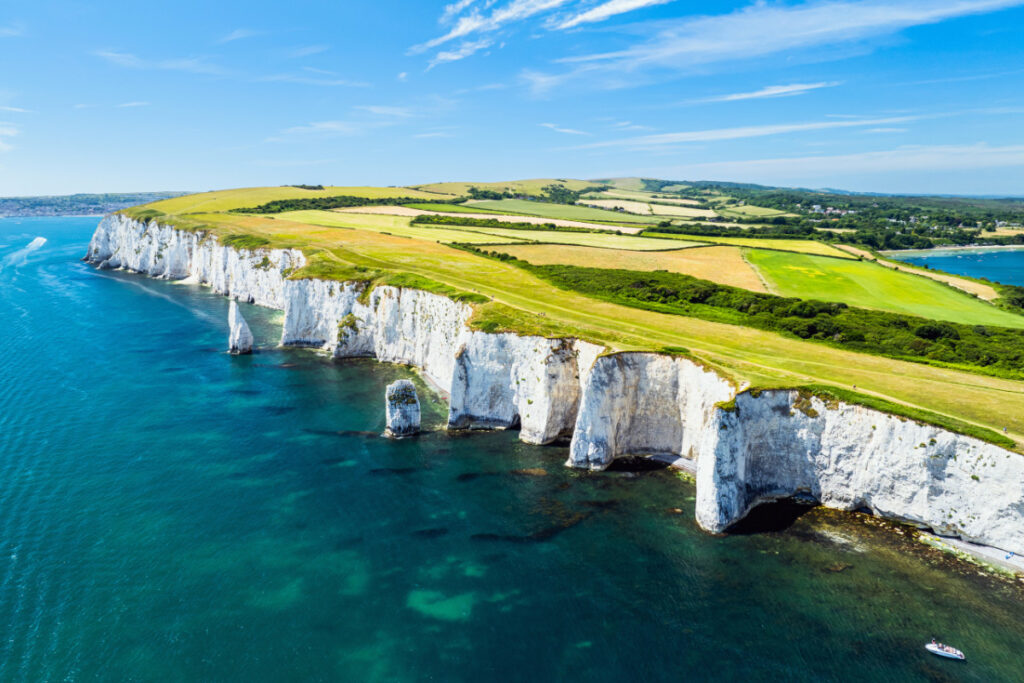 An aerial photo showing the chalk cliffs near Poole in Dorset.